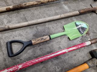 Assorted Shovels, Sledge Hammer, Pick Axe