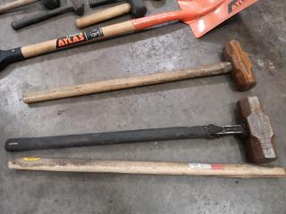 24x Assorted Sizes of Hammers, Mallets, Sledges, + Shovel