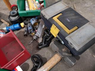 Large Assortment of Hand Tools, Bins, Power Leads, & More