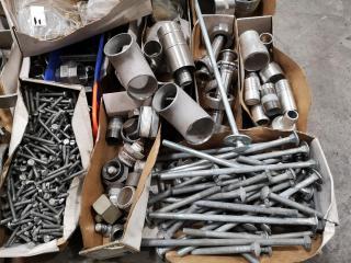 Pallet of Assorted Fastening Hardware, Pipe Fittings, & More