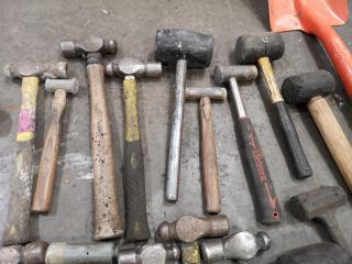 24x Assorted Sizes of Hammers, Mallets, Sledges, + Shovel