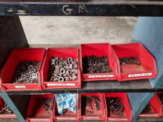 Assorted Nuts, Bolts, Washers & More w/ Bins & Rack