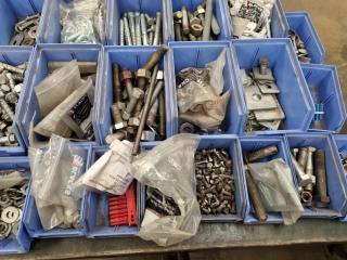 Assorted Storage Bins w/ Fastening Hardware, Nuts, Bolts, Washers & More