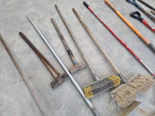 Assorted Paving Rakes, Brooms, Shovels, & More