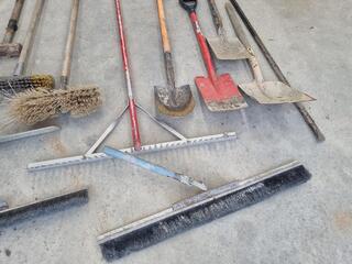 Assorted Paving Rakes, Brooms, Shovels, & More