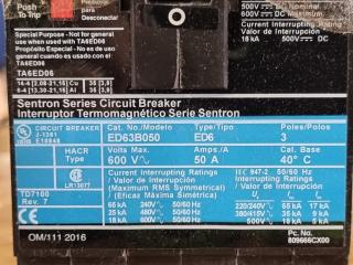Siemens 50A 3-Pole 600V Circuit Breaker ED63B050L