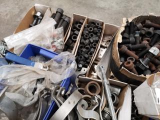 Pallet of Assorted Fastening Hardware, Pipe Fittings, & More