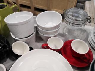 Assorted Restaurant Accessories, Tea Cups, Plates, Teapots, & More