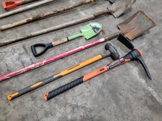 Assorted Shovels, Sledge Hammer, Pick Axe