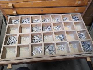 Huge Lot of Metal Numbers & Letters w/ Wooden Storage Drawer Unit