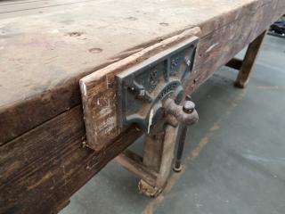 Vintage Antique Wooden Workbench w/ 2x Record Vices