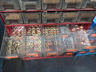 Muti Drawer Parts Bin Units w/ Assorted Brass, Copper Washers, Rings & More