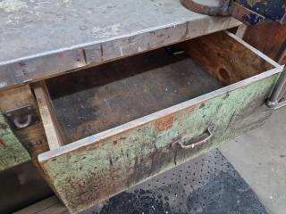 Vintage Steel Topped Wooden Workbench w/ Vice