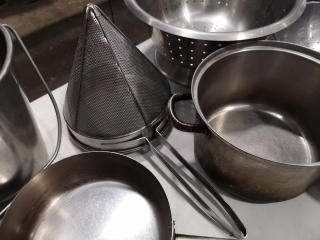 14x Assorted Stainless Pots, Strainers, Bucket & More