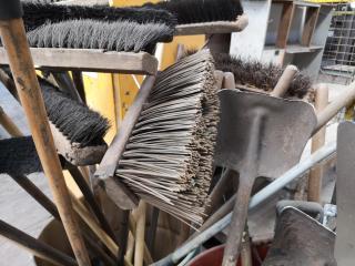 Large Lot of Assorted Workshop Brooms, Shovels, Rakes