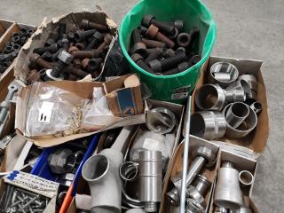 Pallet of Assorted Fastening Hardware, Pipe Fittings, & More