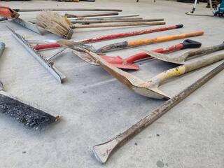 Assorted Paving Rakes, Brooms, Shovels, & More