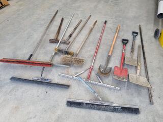 Assorted Paving Rakes, Brooms, Shovels, & More