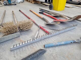 Assorted Paving Rakes, Brooms, Shovels, & More