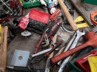 Large Assortment of Hand Tools, Bins, Power Leads, & More