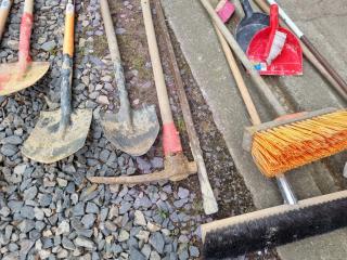 Assorted Shovels, Spades, Brooms, Rakes & More