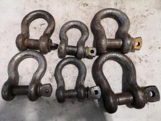 6x Assorted Lifting Bow Shackles, 6.5T to 9.5T Capacities