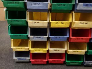 53x Assorted Plastic Stackable Parts Bins