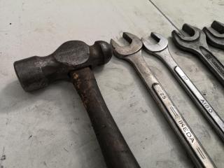 Assorted Workshop Hand Tools, Spanners, Hammer, Drill Bit, Chisel