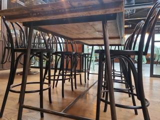 Large Antique Style Bar Table and 10 Stools 