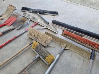 Assorted Paving Rakes, Brooms, Shovels, & More