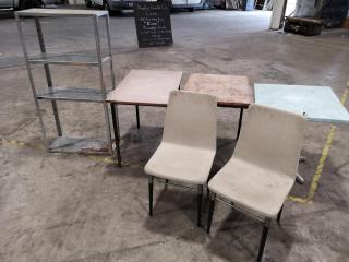 Assorted Well Used Tables, Chairs, Storage Shelf