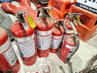 7 Assorted ABE Dry Powder Fire Extinguishers and Signs.