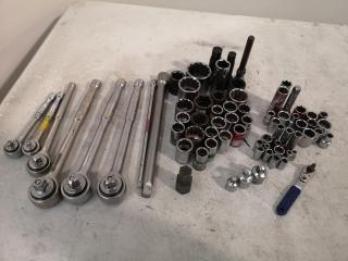 Assorted Lot of 1/2", 3/8", & 1/4" Drive Sockets, Wrenches, Extensions