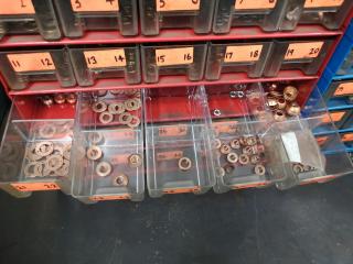 Muti Drawer Parts Bin Units w/ Assorted Brass, Copper Washers, Rings & More
