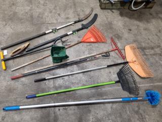 Assorted Gardening Tools, Rakes, Saws, & More