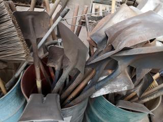 Large Lot of Assorted Workshop Brooms, Shovels, Rakes