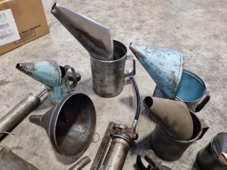 Assorted Vintage Grease Dispensers, Oil Fill Cans, Funnels