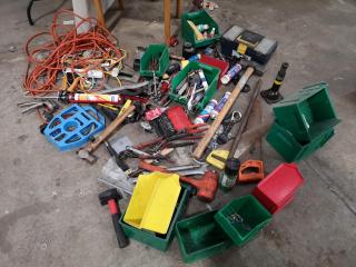 Large Assortment of Hand Tools, Bins, Power Leads, & More