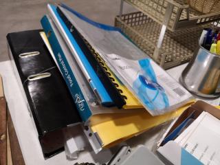Assorted Office Supplies, Folders, Pens, Tape, & More