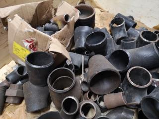 Assorted Lot of Steel Plumbing Water Pipe Fittings, Elbows, Junctions, & More