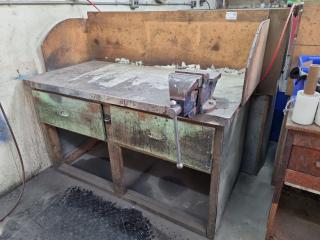 Vintage Steel Topped Wooden Workbench w/ Vice