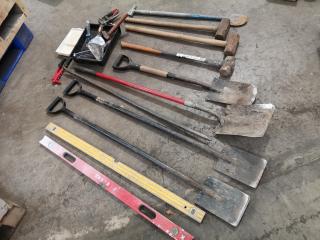 Assorted Hand Tools, Shovels, Sledges, Painting Tools, & More