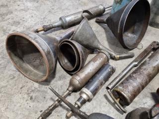 Assorted Vintage Grease Dispensers, Oil Fill Cans, Funnels