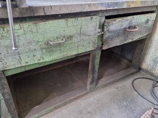 Vintage Steel Topped Wooden Workbench w/ Vice