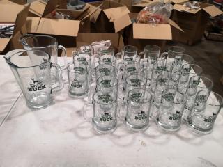 23x Wild Buck Glass Beer Mugs + 2x Large Pitchers