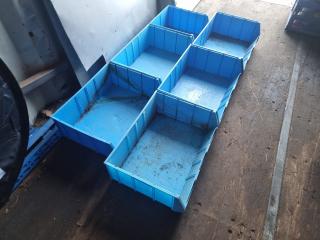 6 Assorted Blue Plastic Bintec Storage Bins