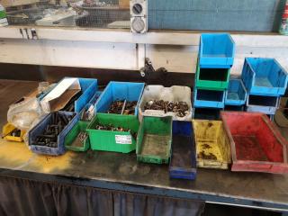 Assorted Bolts, Washers, Storage Bins & More
