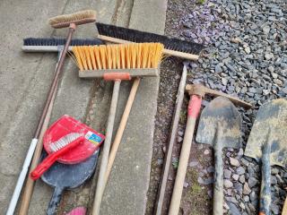 Assorted Shovels, Spades, Brooms, Rakes & More