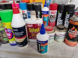 Assorted Trades Solvants, Sprays, Sealers, Epoxys & More