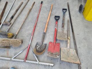 Assorted Paving Rakes, Brooms, Shovels, & More
